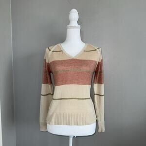 Vintage Hewlett Woman’s V-neck Sweater Sz S Silk Acrylic Blend Pink Beige Stripe